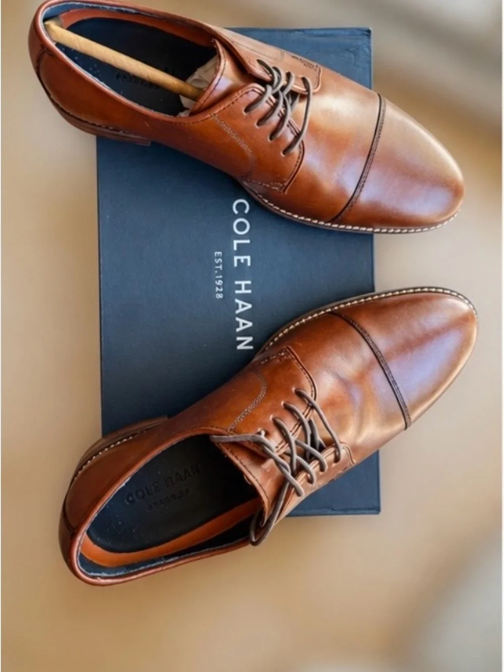 Cole Haan Tan Leather Cap-Toe Oxfords